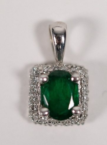 14K White Gold Emerald & Diamond Pendant