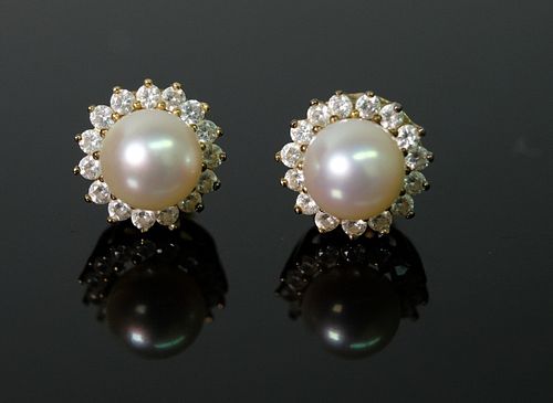 18K Yellow Gold Pearl and Diamond Post Earrings