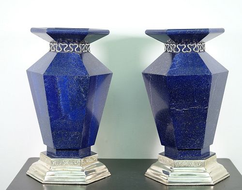 Pair, Asprey Sterling Silver and Lapis Lazuli Urns