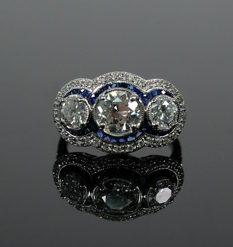 Platinum Triple Diamond & Sapphire Ladies Ring