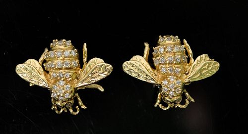Pair, 14K Yellow Gold & Diamond Bee Pins