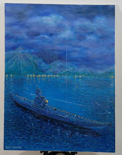 Contemporary Painting Fishing from Kayak, Signed