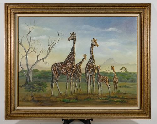 African Landscape w/Giraffes Painting, 1984
