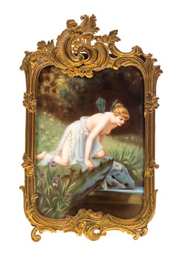 Signed German Hand Painted Porcelain Plaque of Nymph