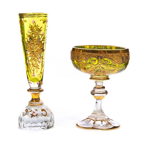 Two Miniature enamel Moser art glass vase compote