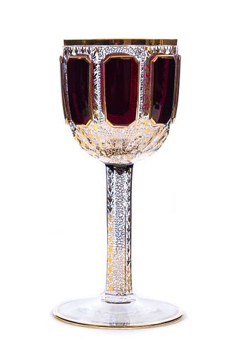 Moser Ruby cut to clear with gold enameling goblet