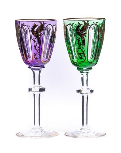 Two Moser cut to clear goblets with gold enameling