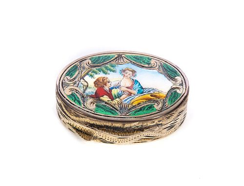 800 silver enameled pill box with courting scene