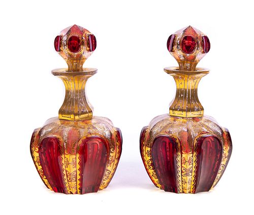 Pair Cranberry Glass Czechoslovakia Bottles with gold