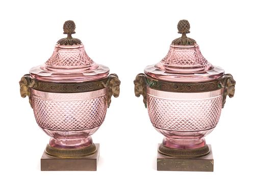 Pair of Amethyst Cut Glass & Bronze Covered Urns