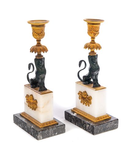 Pair French Empire Bronze Candlesticks Egyptian Sphinx