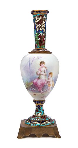 Sevres Porcelain and Champlevé vase artist signed A.