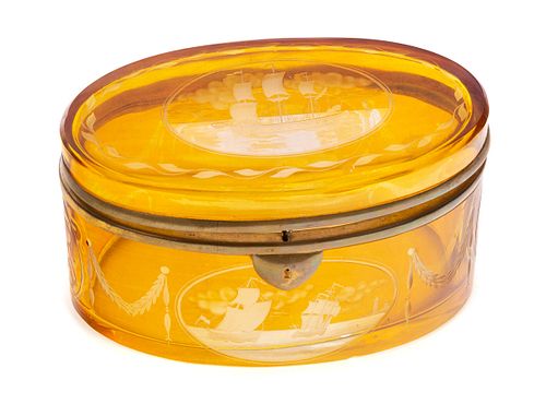 Etched Amber Glass Victorian Box with sailing ships