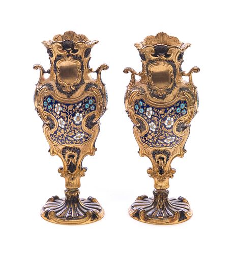 Pr. Gilt Bronze and Champlevé Enamel Vases