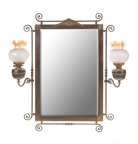 Brass Victorian Mirror with Oil Lamps