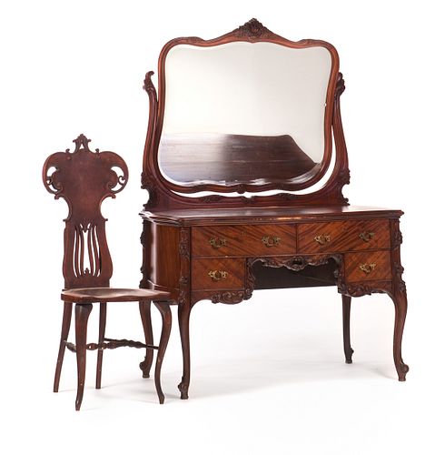 Carved Mahogany French Vanity With Chair