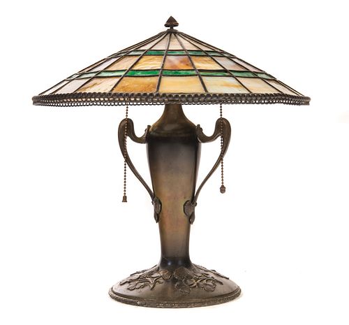 Bronze Art Nouveau Leaded Glass Lamp