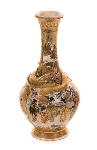 Signed Japanese Meiji Period Satsuma Dragon Vase