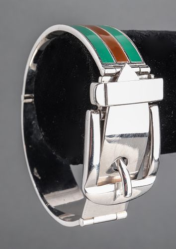 Gucci Silver-Tone and Enamel Belt Buckle Bracelet