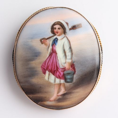 14K Yellow Gold Hand Painted Porcelain Brooch