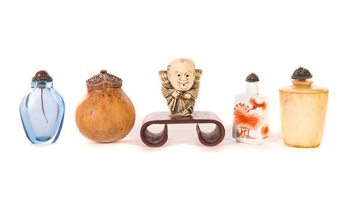 5 Signed Japanese Netsuke Cricket Container & Snuff