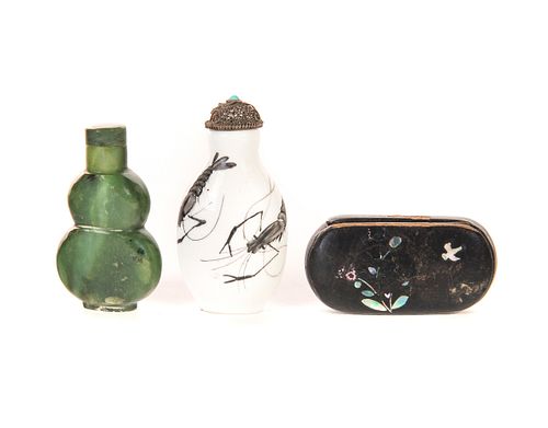 3 Chinese Porcelain Decorated & Jade Snuff Bottles