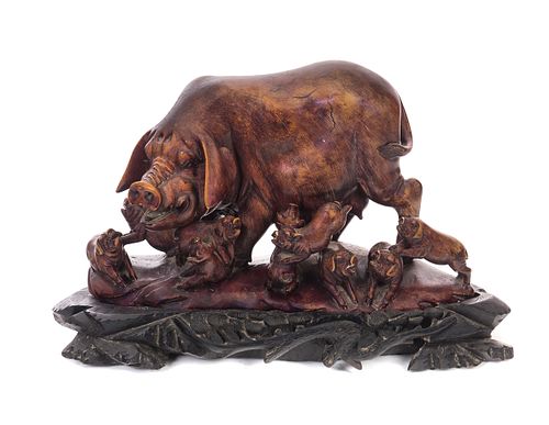 Oriental Soapstone Carving Pig with Piglets