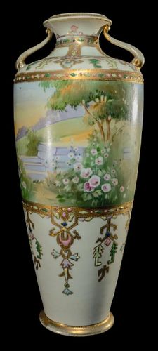 Scenic Hand Painted Nippon Vase Gold Decorated 14"
