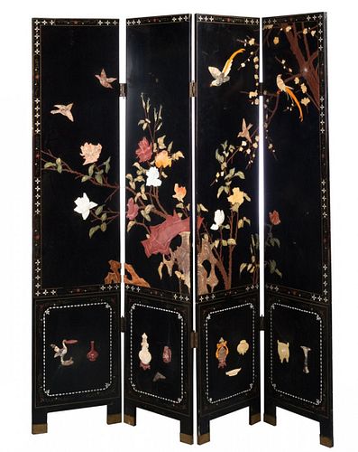Chinese black lacquer Hard Stone and Jade Screen