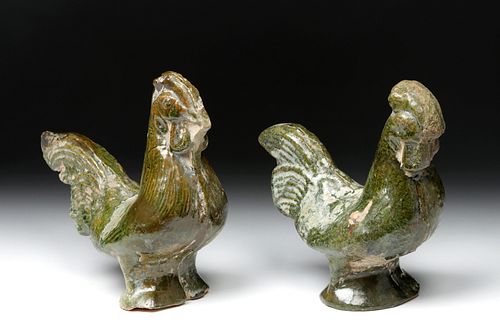 Pair of Chinese Ming Dynasty Terracotta Glazed Roosters