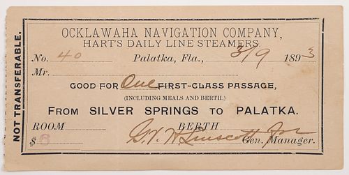 1893 Ocklawaha Steamboat Ticket
