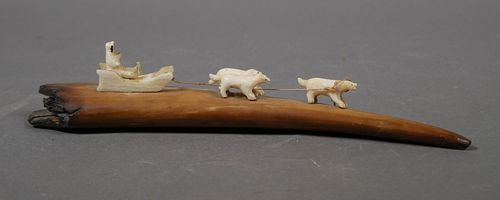 Inuit Carved Dog Sled on Walrus Fossil Tusk