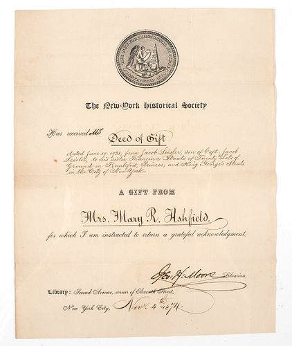 1874 New York Historical Society Receipt