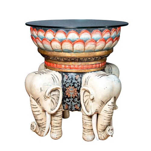 ALLEGORICAL CHINESE POLYCHROME WOODEN ELEPHANT TABLE
