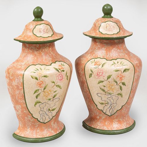 Pair of Painted Wood Half Urns and Covers, Modern