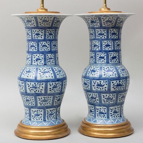 Pair of Chinese Export Porcelain Blue and White Vases Mounted as Lamps