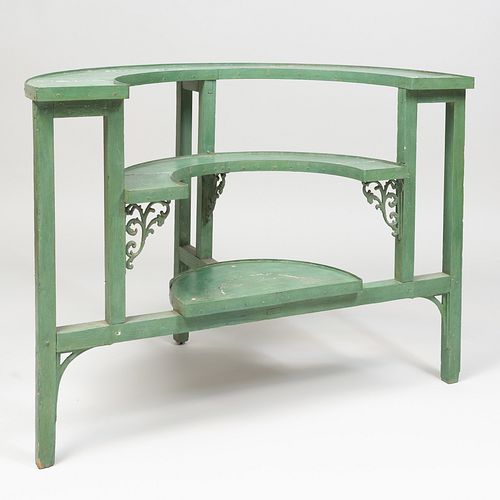 Metal-Mounted Green Painted Wood Three Tier Plant Stand