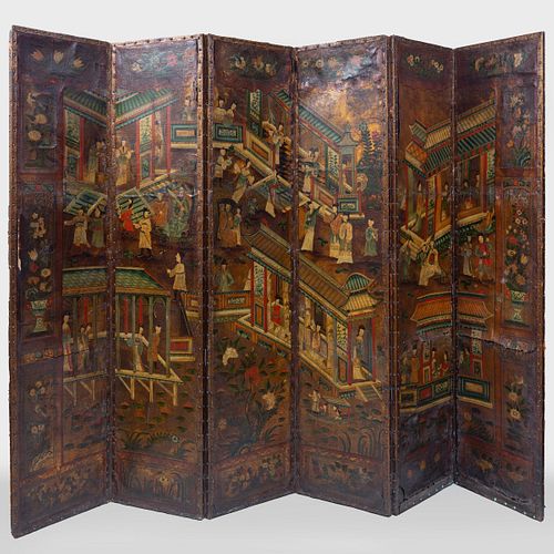 Dutch Polychrome Painted and Embossed Leather Six Panel Screen