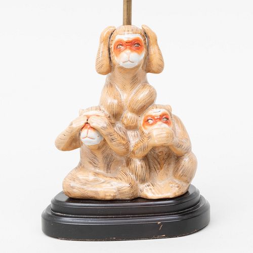 Porcelain 'Hear, See and Speak No Evil' Figure Group Mounted as a Lamp