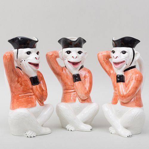  Set of Three Italian Porcelain Monkey Form 'Chelsea House' Jugs