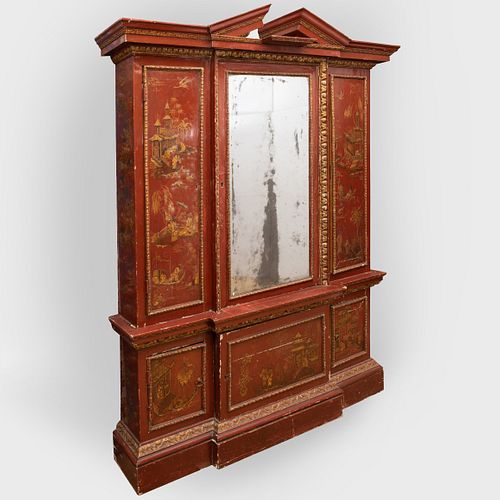 George II Style Red Lacquer and Parcel-Gilt Breakfront Bookcase, Mid 19th Century