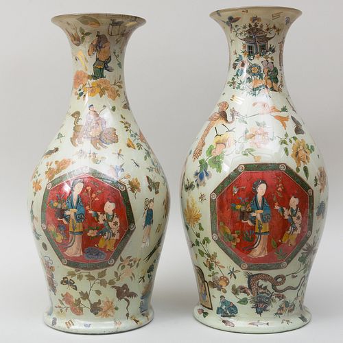 Two Decalcomania Chinoiserie Baluster Vases