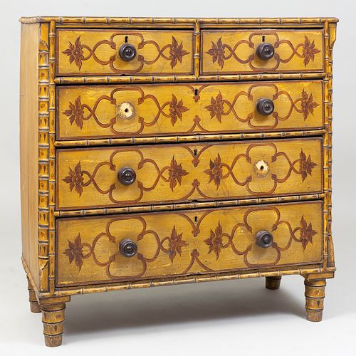 Late Regency Faux Bamboo and Painted Tall Chest of Drawers