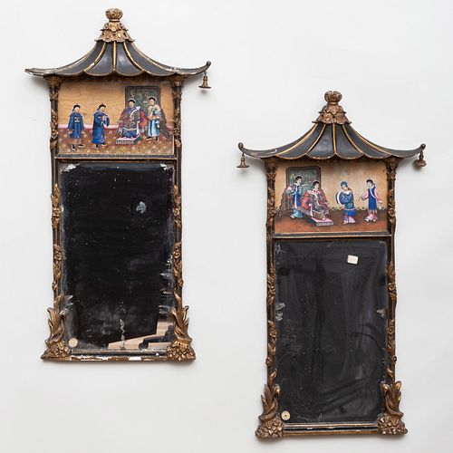 Pair of Pagoda Form Painted and Parcel-Gilt Mirrors