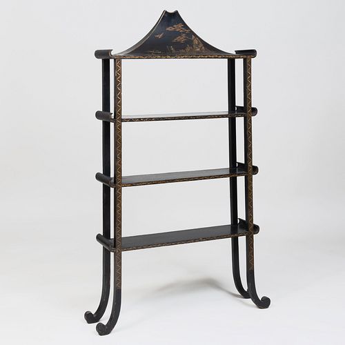 Black Lacquer Chinoiserie Decorated Pagoda Form Four-Tier Ã‰tagÃ¨re