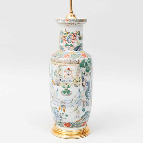 Chinese Famille Verte Porcelain Rouleau Vase Mounted as a Lamp