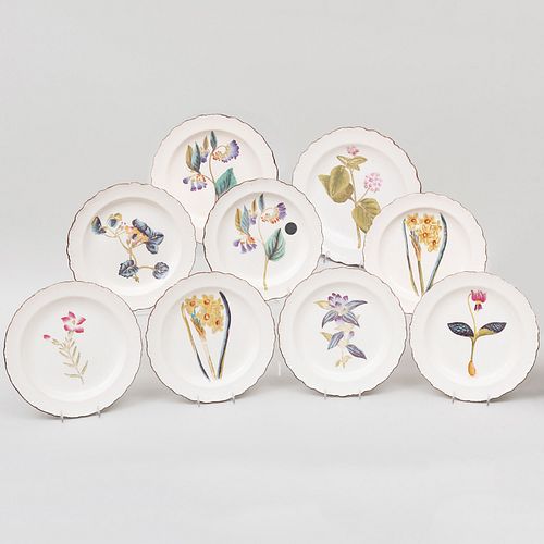 Assembled Set of Nine Mortlock's and Cauldons Creamware Transfer Printed and Enriched Flower Decorated Plates