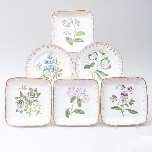 Group of Six English Gilt-Decorated Botanical Porcelain Dishes