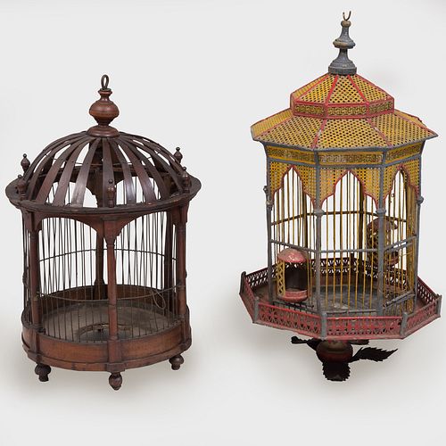 Victorian Oak and Wire Birdcage and a Painted TÃ´le Birdcage