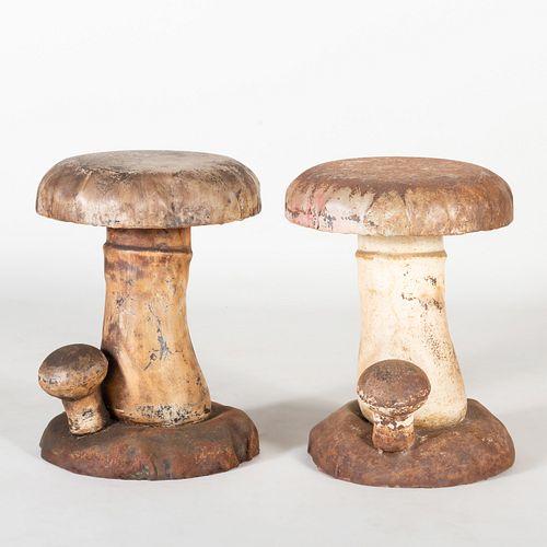 Two Painted Metal Mushroom Form Garden Seats, Stamped D. U. Hoffmann, Phila., PA, Pat Pend